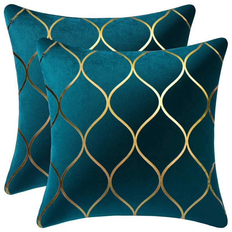 DEZENE 18x18 Inch Gold Velvet Throw Pillow Covers: 2 Pack Square Decorative Pillow Cases for Bedroom Sofa Couch Living Room, Teal Christmas - Image 1